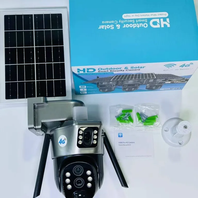 V380دوربین خورشیدی4G سه‌لنزی دو تصویره تفنگی-گوی10 زوم باتری کم‌مصرف مانیتور بی‌سیم