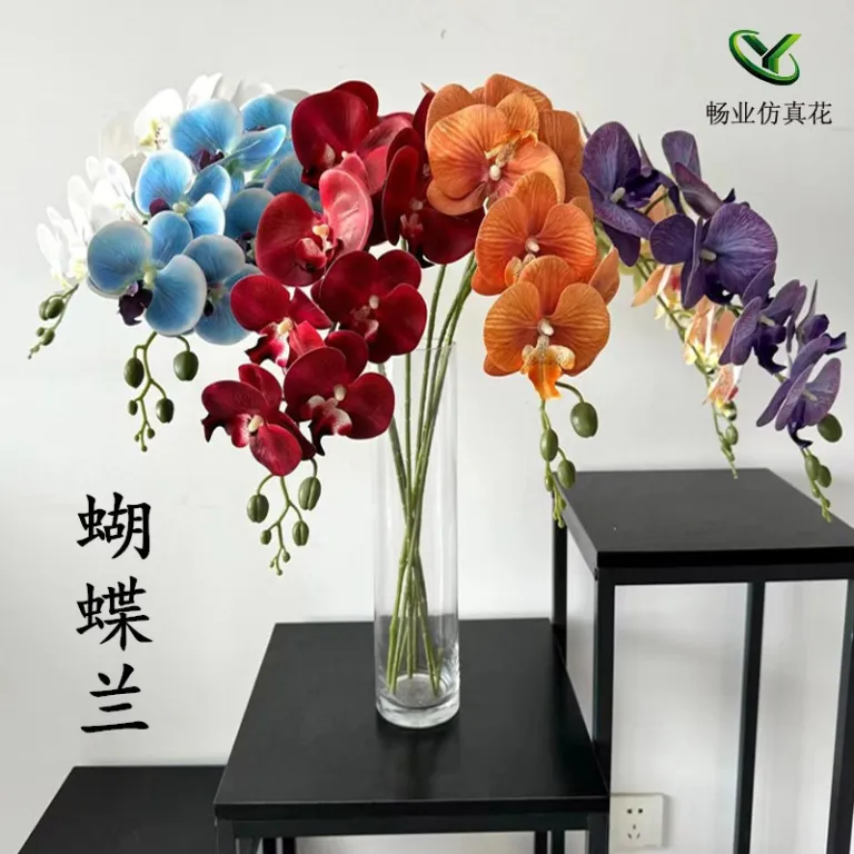 9 گل ارکیده پروانه‌ای مصنوعی با گلبرگ فیلمی 3D چاپی با حس لمس واقعی، گل ارکیده مصنوعی برای عروسی، گل‌آرایی و دکوراسیون منزل