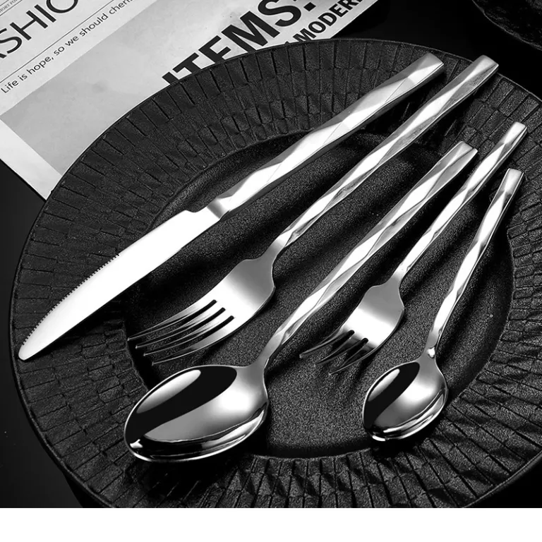 ست کارد و چنگال هتل لوکس با دسته الماسی، چاقو و چنگال و قاشق استیک با دسته کریستالی5pcs