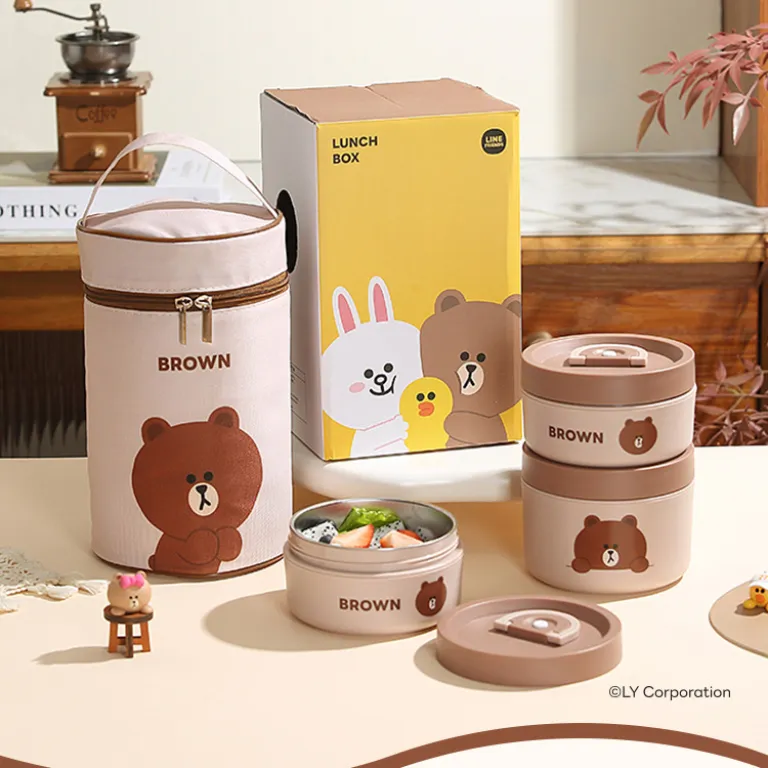 خرس براون 304 ظرف غذای استیل ضدزنگ عایق حرارتی گرد مخصوص ناهار دانش‌آموزان به سبک ژاپنی، قابل حمل برای محل کار و سوپ‌خوری