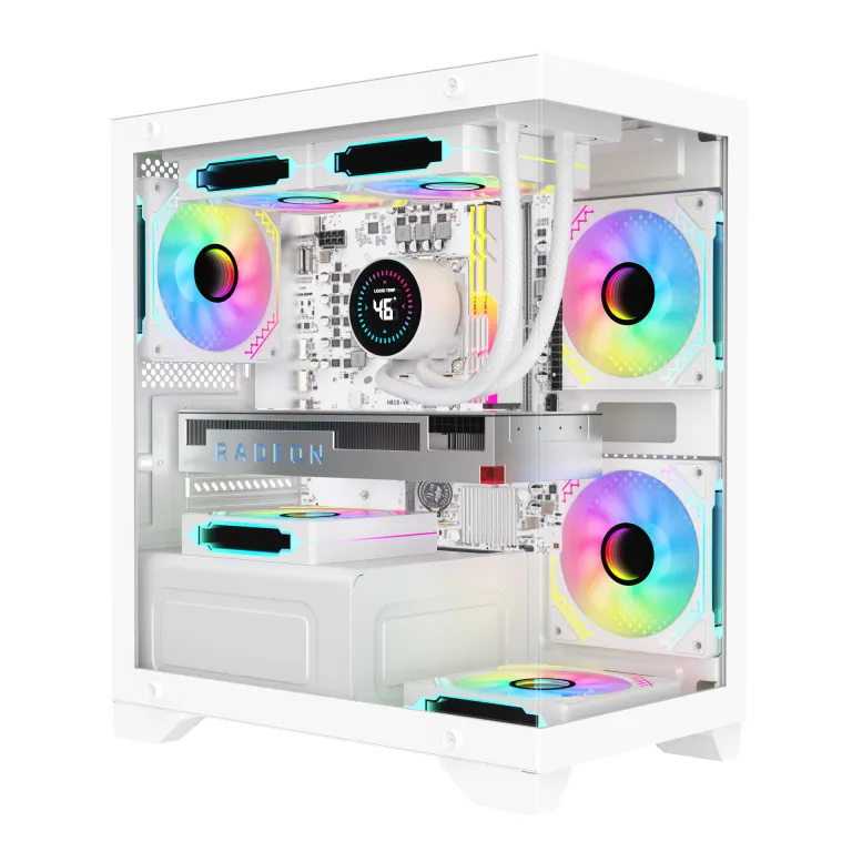 کیس کامپیوتر روباه نه‌دم T2 بدون ستون با نمای panoramic، شیشه جانبی، matx، 240 خنک‌کننده آبی، بدنه DIY