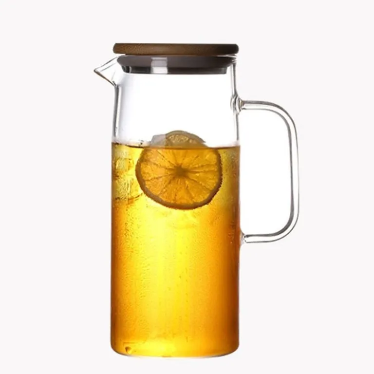 پارچ آب خنک پذیرایی خانگی با درب بامبو بدنه صاف شیشه بوروسیلیکات مخصوص چای گل، آبمیوه و نوشیدنی سرد مقاوم به حرارت