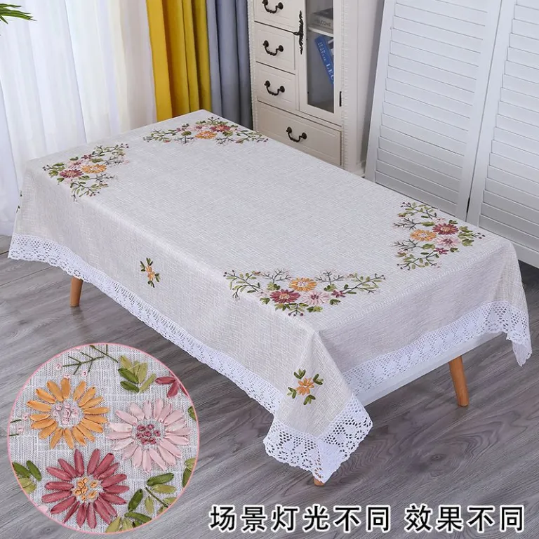 رومیزی مستطیلی گلدوزی‌شده دست‌دوز برای میز جلو مبلی، رومیزی ناهارخوری خانگی، مدرن و ساده، پارچه کتان و پنبه، سفید، طرح مینیمال و تازه