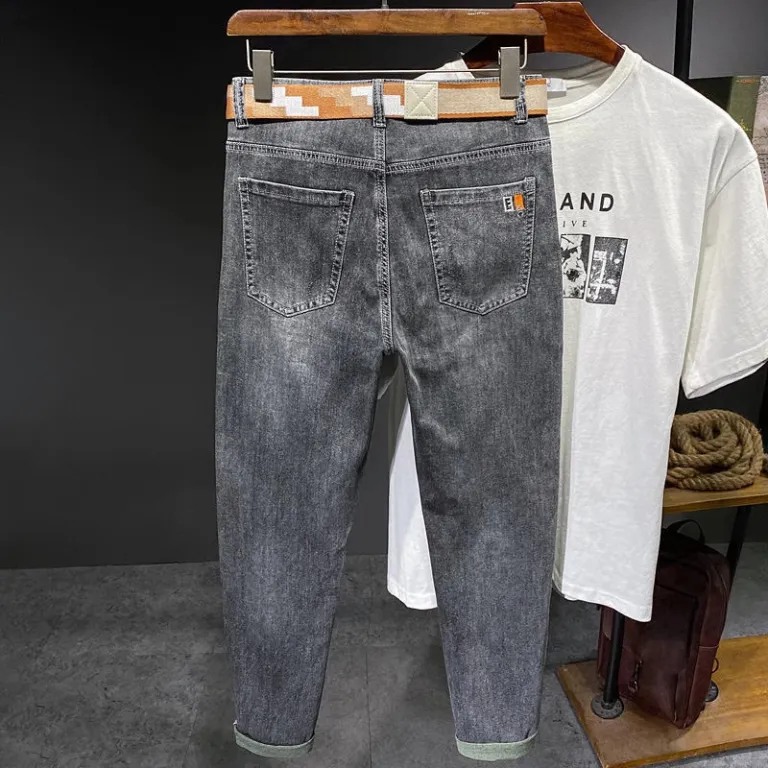 شلوار جین مردانه لوکس بهاره و پاییزه جدید همه‌پسند ترند کشسان راسته کوتاه طرح دودی شسته