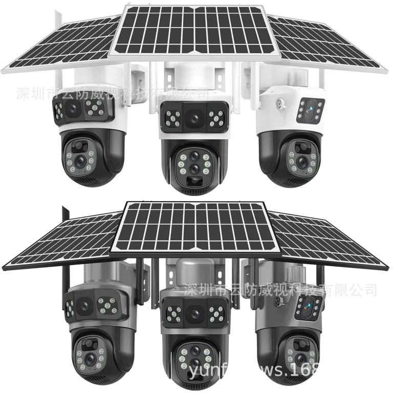V380دوربین خورشیدی4G سه‌لنزی دو تصویره تفنگی-گوی10 زوم باتری کم‌مصرف مانیتور بی‌سیم