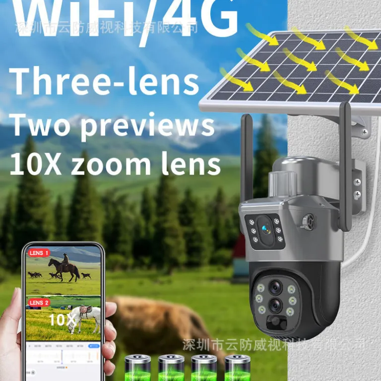 V380دوربین خورشیدی4G سه‌لنزی دو تصویره تفنگی-گوی10 زوم باتری کم‌مصرف مانیتور بی‌سیم