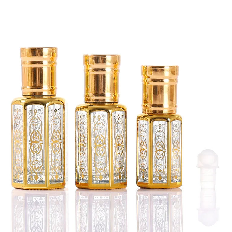 موجود در انبار، بطری رول‌آن روغن اسانس هشت‌ضلعی با مهر طلایی، بطری تقسیم عطر خاورمیانه‌ای، بطری شیشه‌ای نمونه کوچک، بطری رول‌آن ماساژ چشم