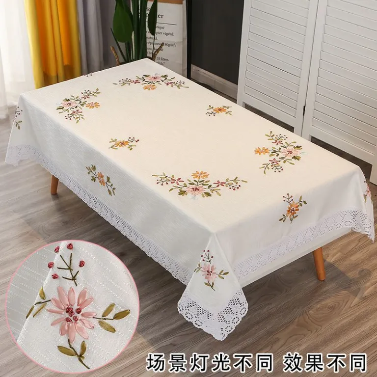 رومیزی مستطیلی گلدوزی‌شده دست‌دوز برای میز جلو مبلی، رومیزی ناهارخوری خانگی، مدرن و ساده، پارچه کتان و پنبه، سفید، طرح مینیمال و تازه