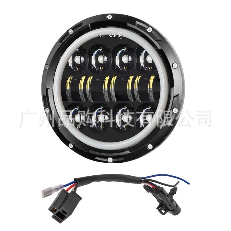 چراغ جلو LED گرد بدون قاب 7 اینچی همراه سیم‌کشی، در رنگ مشکی و نقره‌ای، مناسب هارلی و رانگلر