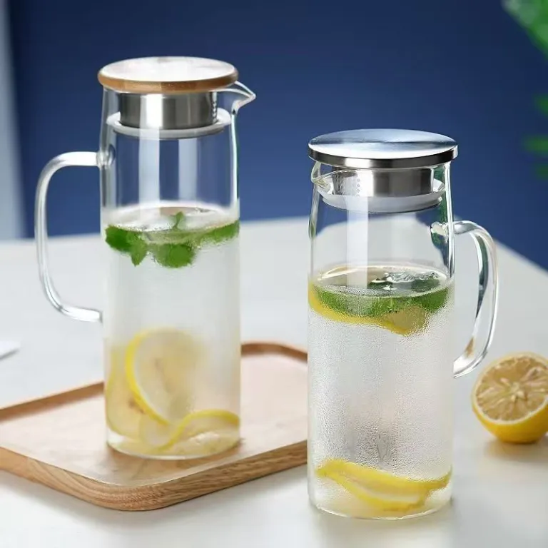 پارچ آب خنک پذیرایی خانگی با درب بامبو بدنه صاف شیشه بوروسیلیکات مخصوص چای گل، آبمیوه و نوشیدنی سرد مقاوم به حرارت