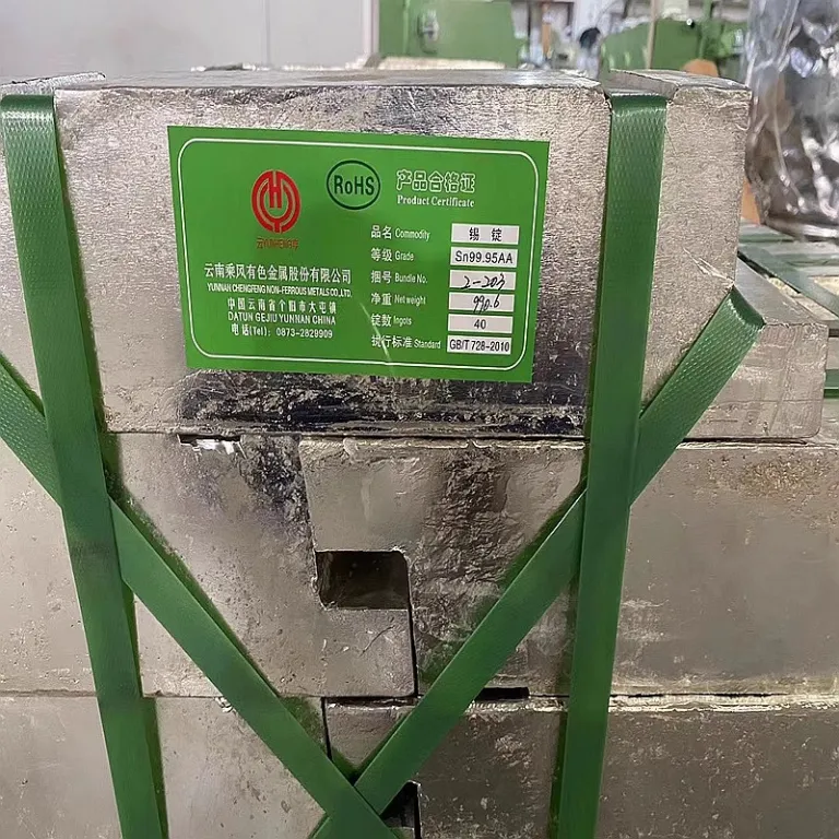 شمش قلع یون‌شی موجود در انبار Sn99.90 با درصد بالا برای آبکاری 99.9 عمده‌فروشی 99.99
