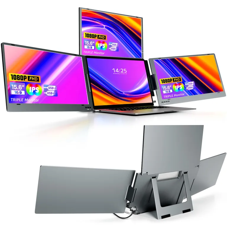 مانیتور سه‌صفحه‌ای 15.6 اینچی قابل حمل برای معاملات سهام و کارهای اداری، مناسب به‌عنوان نمایشگر جانبی لپ‌تاپ