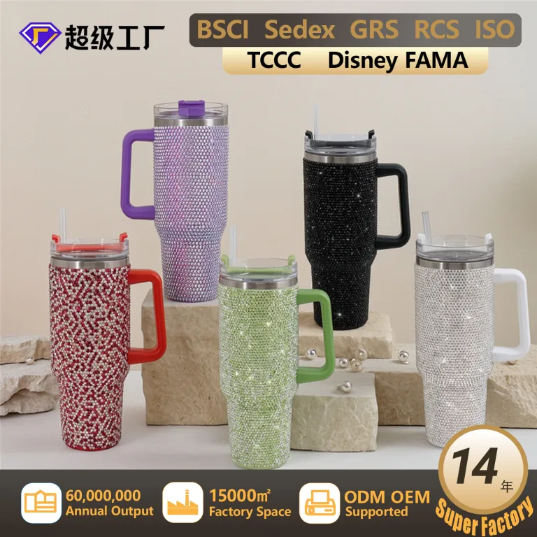 کراس‌بوردر 40oz لیوان خودرویی دسته‌دار نگین‌دار 304 لیوان عایق حرارتی استیل ضدزنگ با ظرفیت بالا لیوان یخ‌دار بزرگ عمده‌فروشی