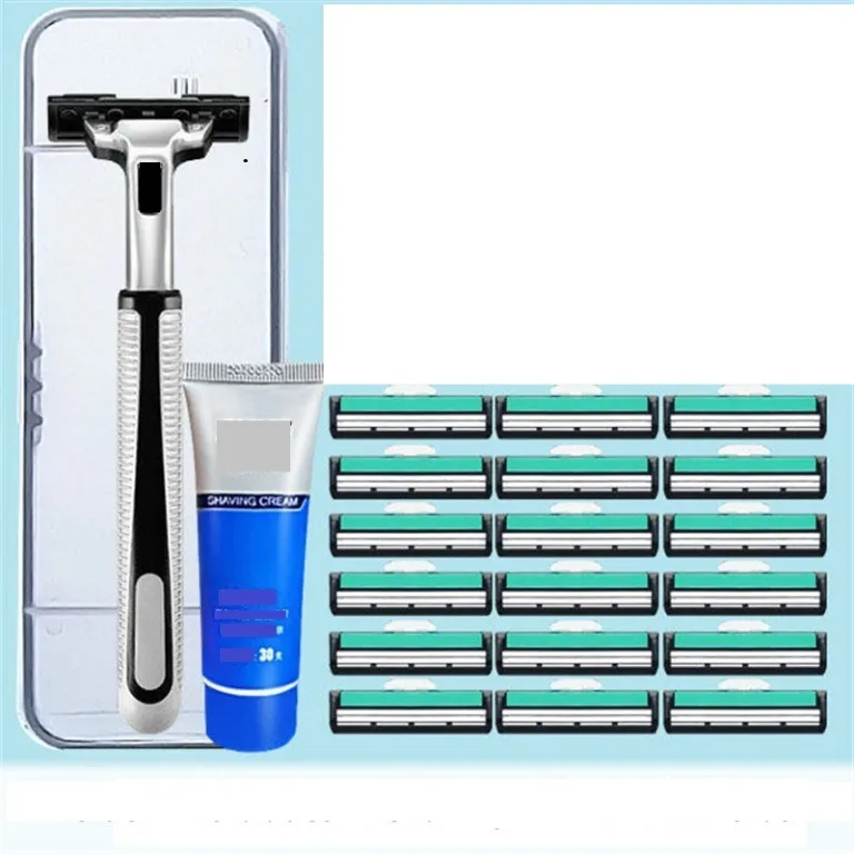تیغ اصلاح دستی عمومی مردانه قابل حمل دولایه سر تیغ یدکی دو عددی قابل شستشو سه کاره