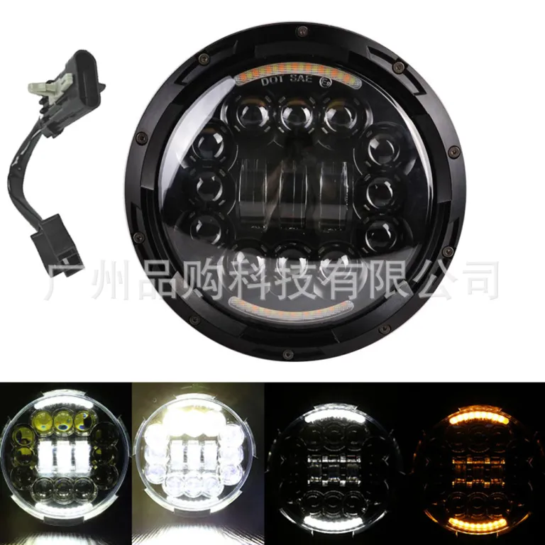 چراغ جلو LED گرد بدون قاب 7 اینچی همراه سیم‌کشی، در رنگ مشکی و نقره‌ای، مناسب هارلی و رانگلر