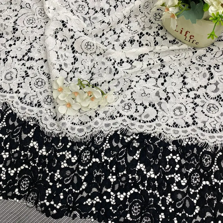 پارچه توری مژه‌ای مشکی بدون کشش از جنس پنبه و نایلون، مناسب برای لباس زنانه اروپایی و آمریکایی، پیراهن و لباس مجلسی