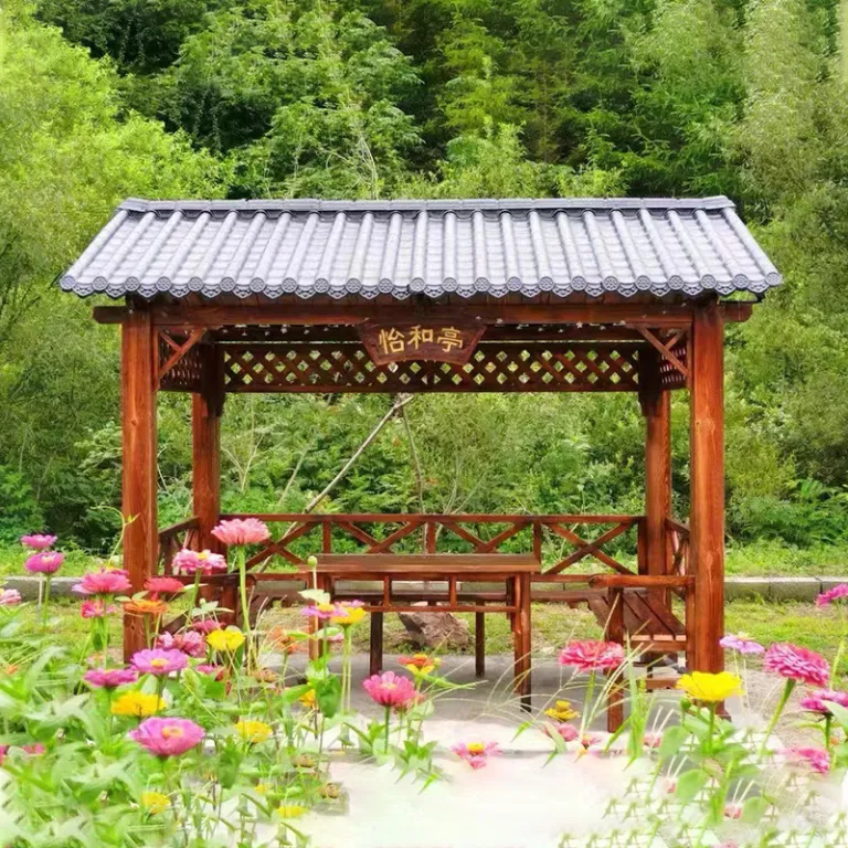 آلاچیق چوبی چهارگوش سنتی برای حیاط و باغ، آلاچیق تفریحی چوبی با چهار ستون