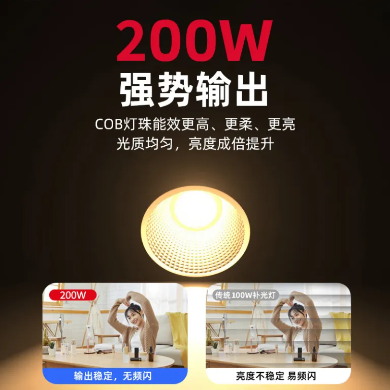 200W چراغ فیلم‌برداری COB پرقدرت برای استودیوهای اینترنتی، مناسب عکاسی از لباس در فضای داخلی، با نور زیبایی و جوان‌سازی پوست و رفلکتور عمیق