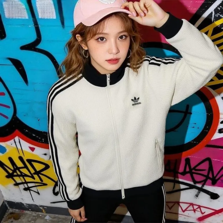 کاپشن یقه‌ایستاده adidas Originals طرح راه‌راه و بافت وافل، مناسب زنانه و مردانه، استایل اسپرت و شیک