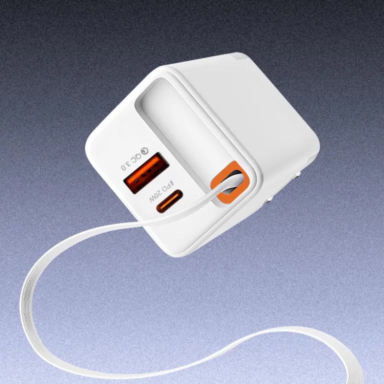 شارژر دیواری باکیفیت 65w دو پورت PD USB C با کابل جمع‌شونده و سر شارژ گالیوم نیترید