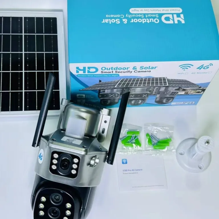 V380دوربین خورشیدی4G سه‌لنزی دو تصویره تفنگی-گوی10 زوم باتری کم‌مصرف مانیتور بی‌سیم