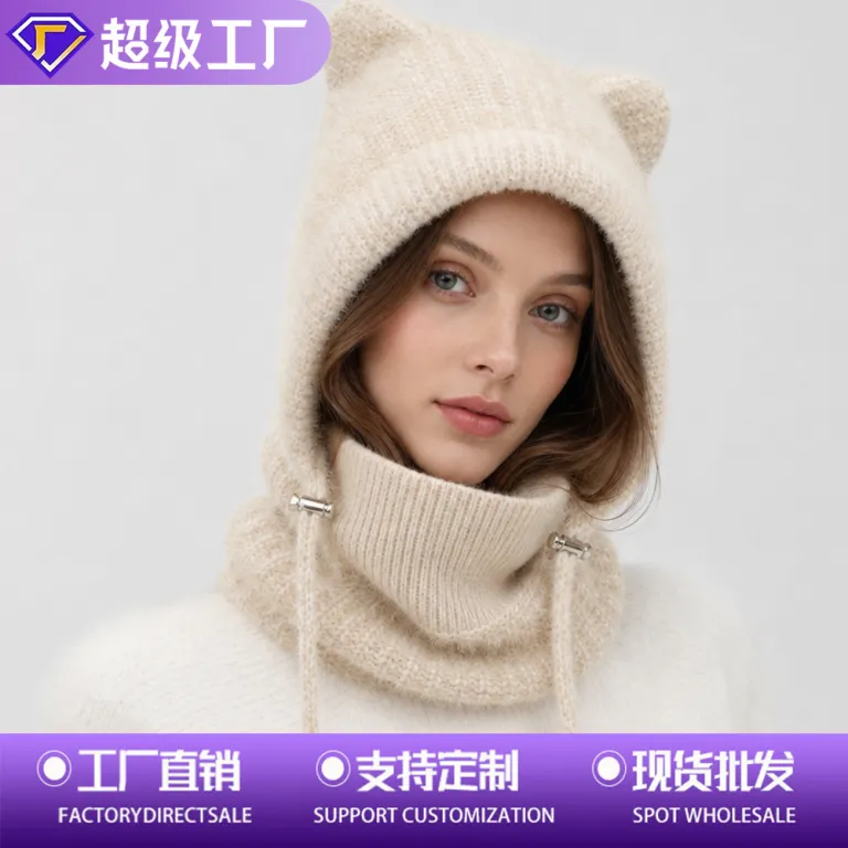 کلاه بافتنی زمستانی ضدباد با محافظ گوش و گرم‌کننده، طرح گوش گربه‌ای، یکپارچه با شال گردن و ماسک، آستر کرکی و ضخیم