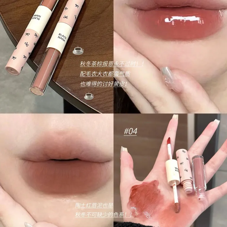 رژ لب دو سر BLACKNANA براق آینه‌ای مناسب استفاده روزانه با رنگ خاکستری-صورتی و بافت گلی و براق، مناسب آرایش ملایم و بدون آرایش