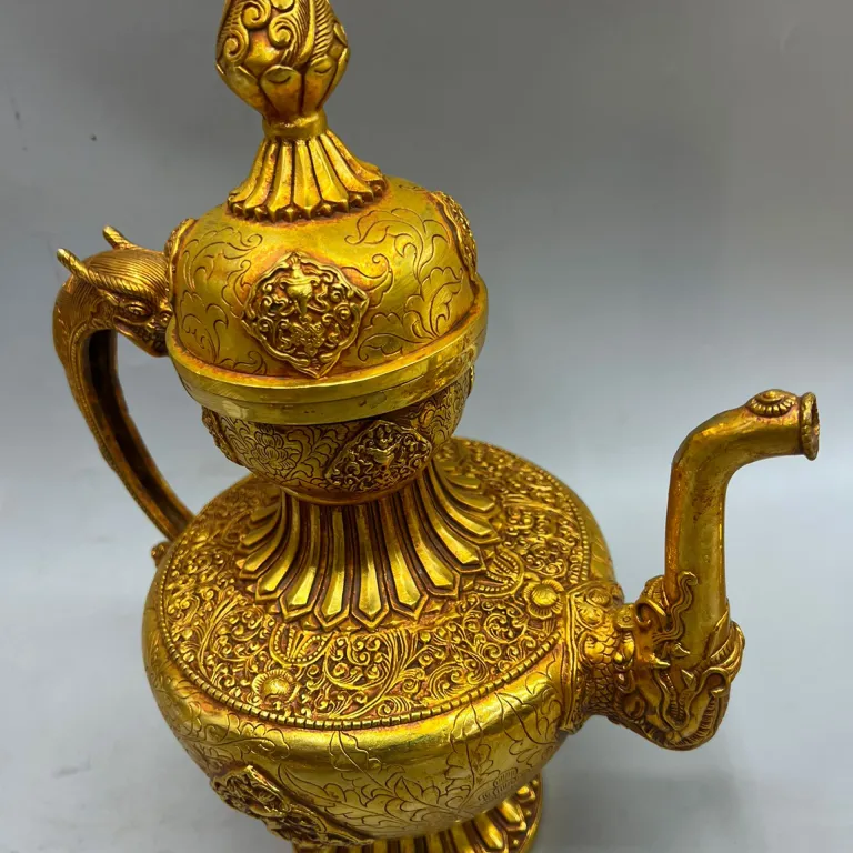 34cm قوری دسته‌اژدهایی تبتی با روکش مس خالص و آبکاری طلا، سبک آنتیک، مجسمه تزئینی مسی، اشیاء قدیمی بازار صنایع دستی