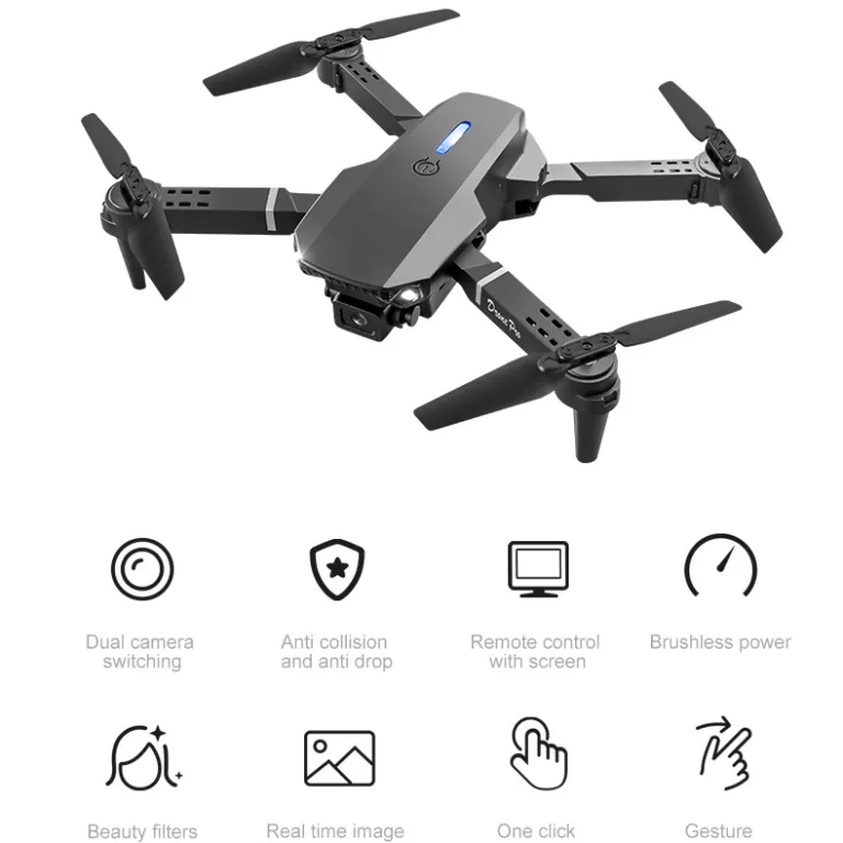پهپاد چهار ملخه اسباب‌بازی کودکان با صفحه‌نمایش اختصاصی و دوربین هوایی، مدل جدید drone برون‌مرزی e88