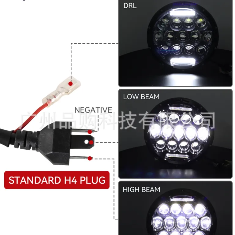 چراغ جلو LED گرد بدون قاب 7 اینچی همراه سیم‌کشی، در رنگ مشکی و نقره‌ای، مناسب هارلی و رانگلر