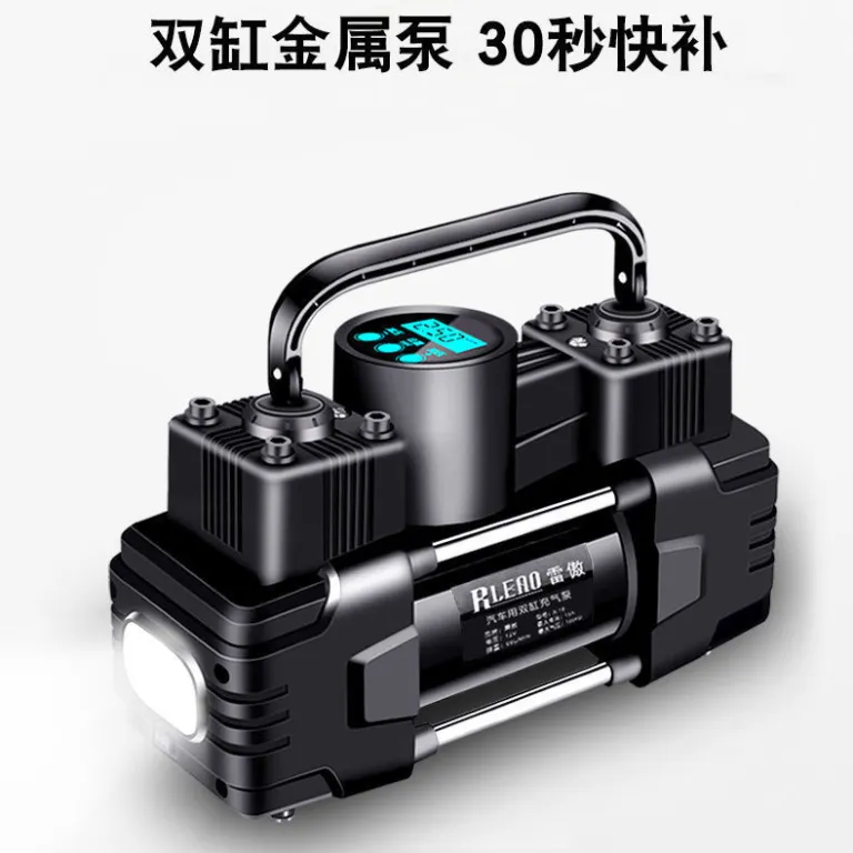 پمپ باد خودرو برقی دو سیلندر پرقدرت قابل حمل لئو برای لاستیک خودرو و موتورسیکلت 12V