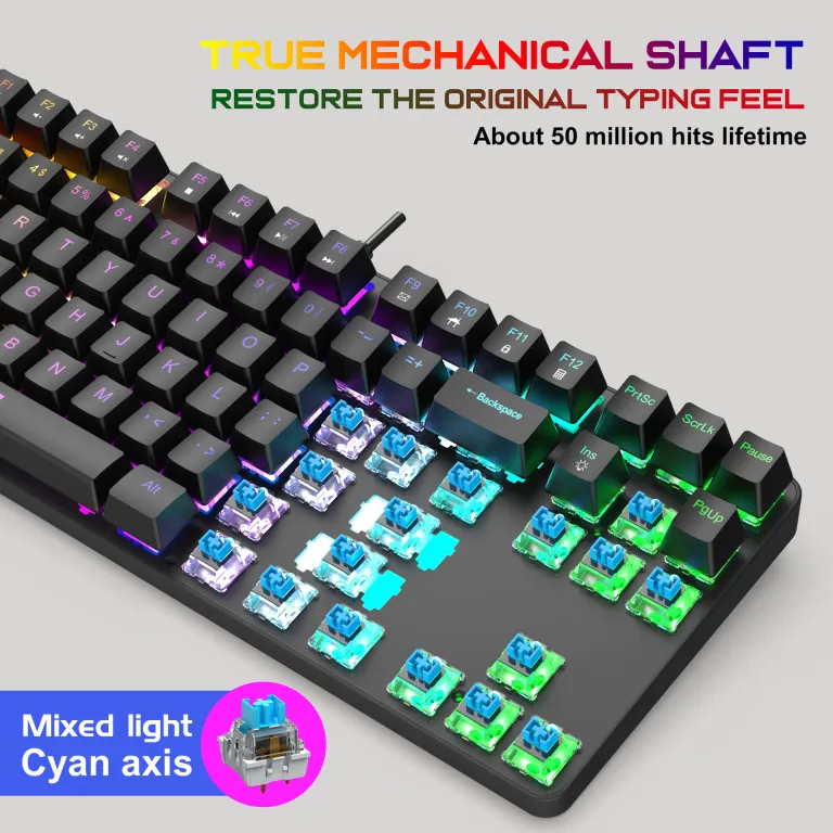کیبورد مکانیکی فلزی K87 با 87 کلید، نور RGB، سوییچ آبی، مناسب بازی و اداری