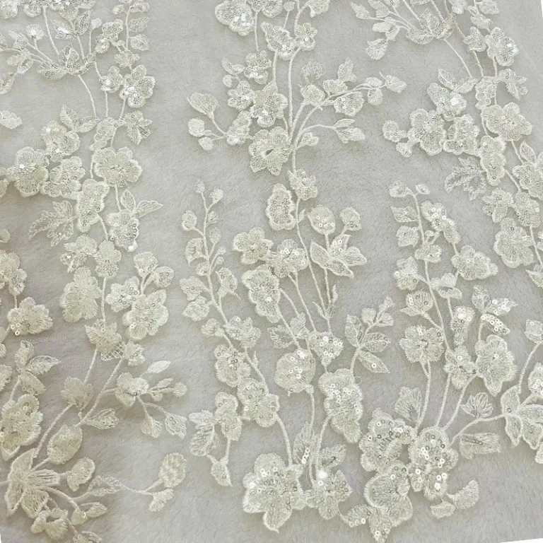 پارچه توری مهره‌دوزی‌شده، توری سفید کره‌ای، حاشیه تازه و دوست‌داشتنی، گلدوزی با پولک‌های زیبا