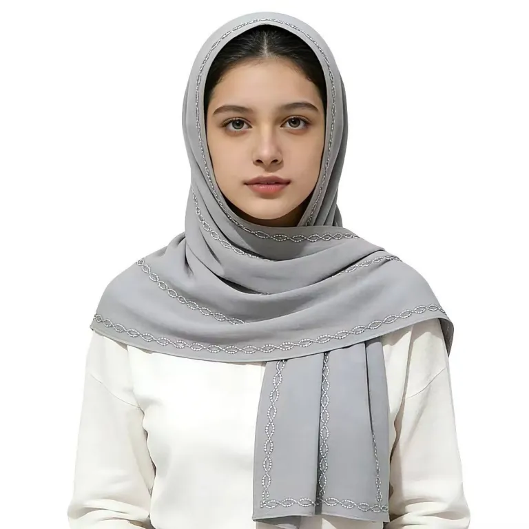 شال گردن زنجیردار با سنگدوزی از حریر مرواریدی جدید مالزی و اندونزی، روسری زنانه مسلمان، شال نخی تنفسپذیر