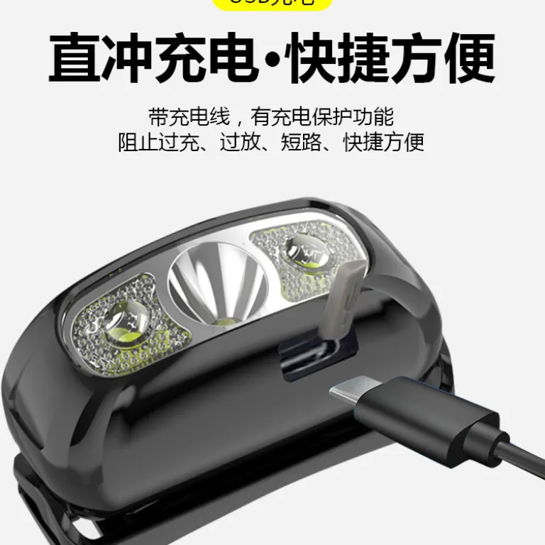 چراغ پیشانی سنسوردار با شارژ USB، چراغ LED دفاع شخصی، چراغ پیشانی قوی برای ماهیگیری شبانه، چراغ پیشانی کوچک هوشمند فضای باز