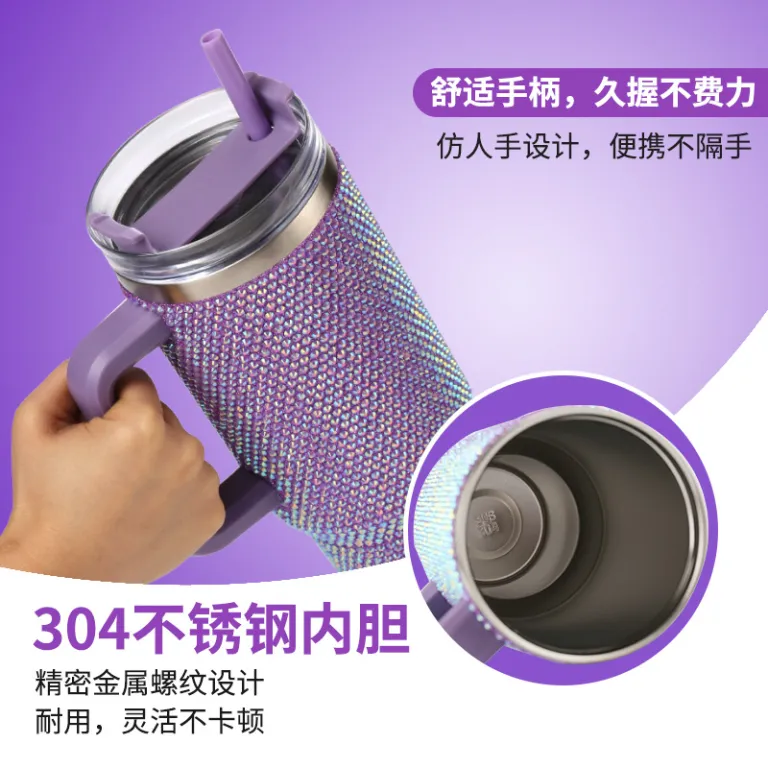 کراس‌بوردر 40oz لیوان خودرویی دسته‌دار نگین‌دار 304 لیوان عایق حرارتی استیل ضدزنگ با ظرفیت بالا لیوان یخ‌دار بزرگ عمده‌فروشی