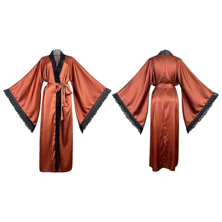 لباس خواب زنانه بلند ساتن طرح جدید با توری، روب حمام و لباس راحتی آستین‌بلند خنک لوکس 7777