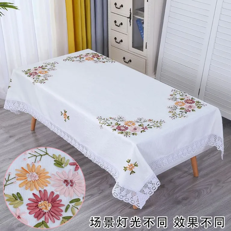رومیزی مستطیلی گلدوزی‌شده دست‌دوز برای میز جلو مبلی، رومیزی ناهارخوری خانگی، مدرن و ساده، پارچه کتان و پنبه، سفید، طرح مینیمال و تازه