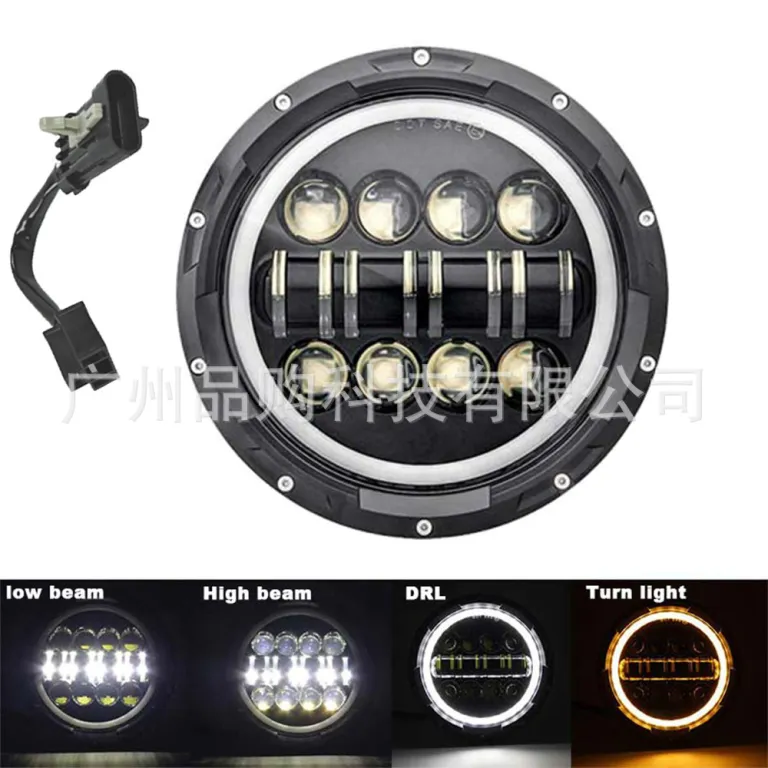 چراغ جلو LED گرد بدون قاب 7 اینچی همراه سیم‌کشی، در رنگ مشکی و نقره‌ای، مناسب هارلی و رانگلر