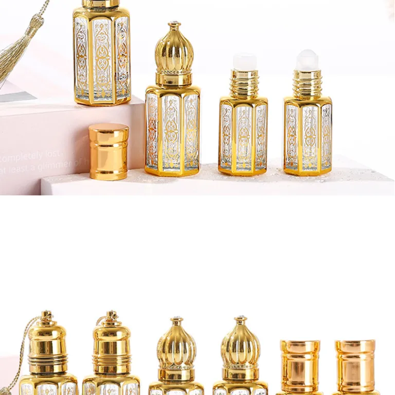 موجود در انبار، بطری رول‌آن روغن اسانس هشت‌ضلعی با مهر طلایی، بطری تقسیم عطر خاورمیانه‌ای، بطری شیشه‌ای نمونه کوچک، بطری رول‌آن ماساژ چشم