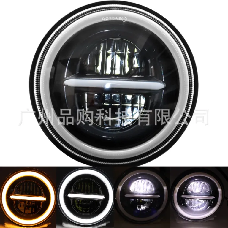 چراغ جلو LED گرد بدون قاب 7 اینچی همراه سیم‌کشی، در رنگ مشکی و نقره‌ای، مناسب هارلی و رانگلر