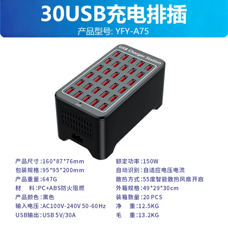 شارژر چند پورت USB پرقدرت 150W با 10 پورت، 15 پورت، 20 پورت و 30 پورت، مناسب مصارف بین‌المللی 1A2A