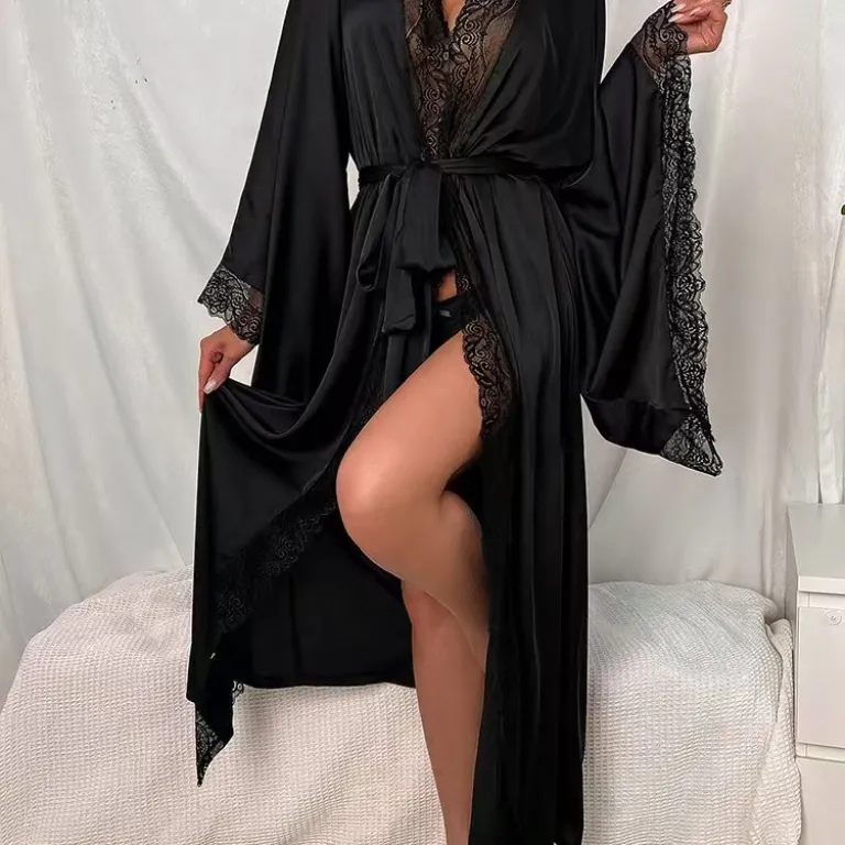 لباس خواب زنانه بلند ساتن طرح جدید با توری، روب حمام و لباس راحتی آستین‌بلند خنک لوکس 7777