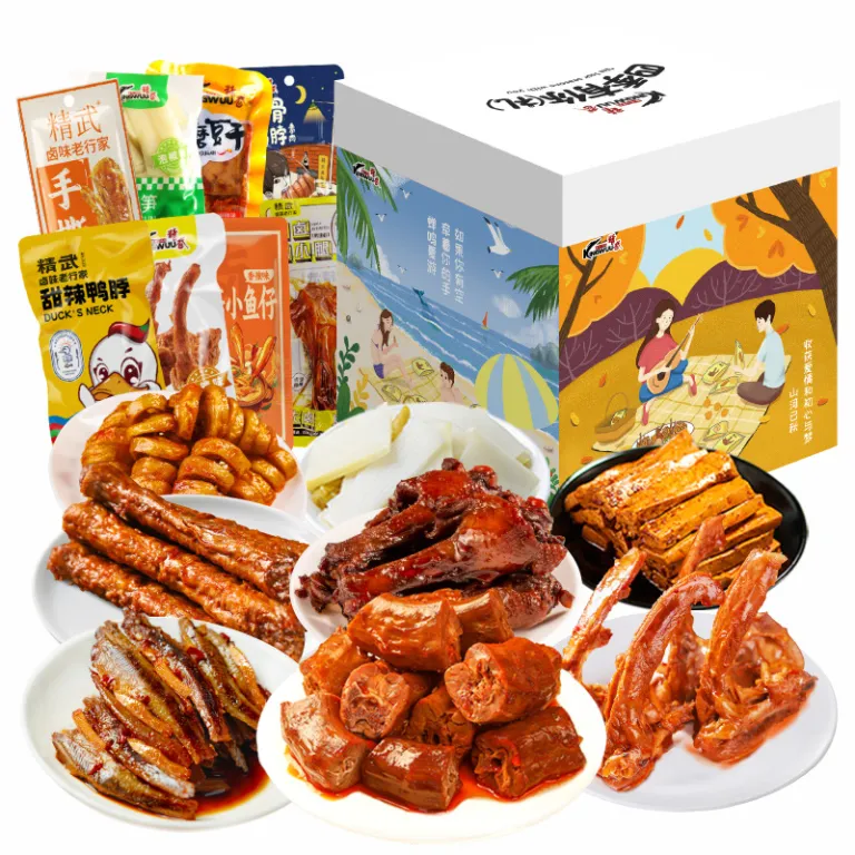 بسته هدیه گردن اردک جینگوو، اسنک تند خورشتی، هدیه جشن نیمه پاییز، بسته بزرگ اسنک اردک