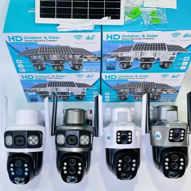 V380دوربین خورشیدی4G سه‌لنزی دو تصویره تفنگی-گوی10 زوم باتری کم‌مصرف مانیتور بی‌سیم
