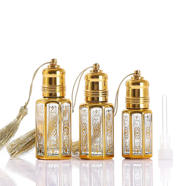 موجود در انبار، بطری رول‌آن روغن اسانس هشت‌ضلعی با مهر طلایی، بطری تقسیم عطر خاورمیانه‌ای، بطری شیشه‌ای نمونه کوچک، بطری رول‌آن ماساژ چشم