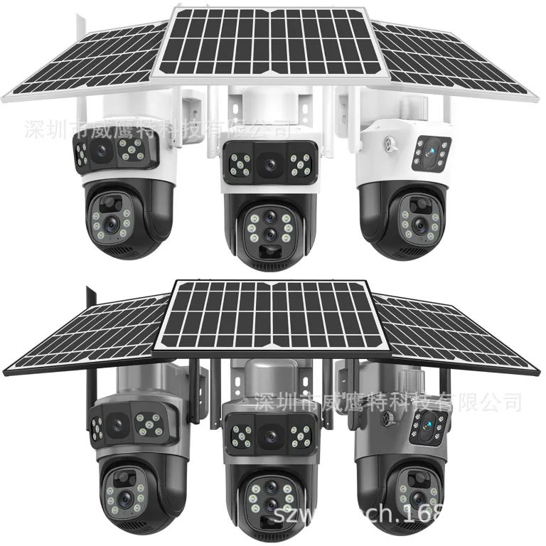 V380 دوربین مداربسته خورشیدی چرخش 360 درجه کنترل از راه دور با موبایل سه لنز برای فضای باز و خانگی زوم 10 برابر 4G