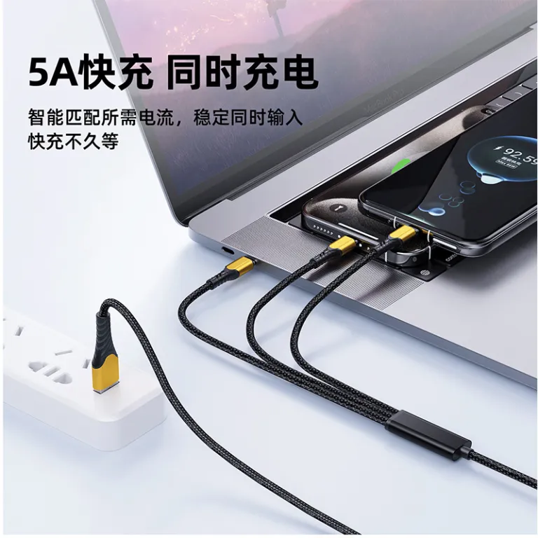 کابل شارژ سه‌کاره 100w شارژ سریع فوق‌العاده برای گوشی موبایل، مناسب اپل type-c و لپ‌تاپ آنر، کابل دیتا