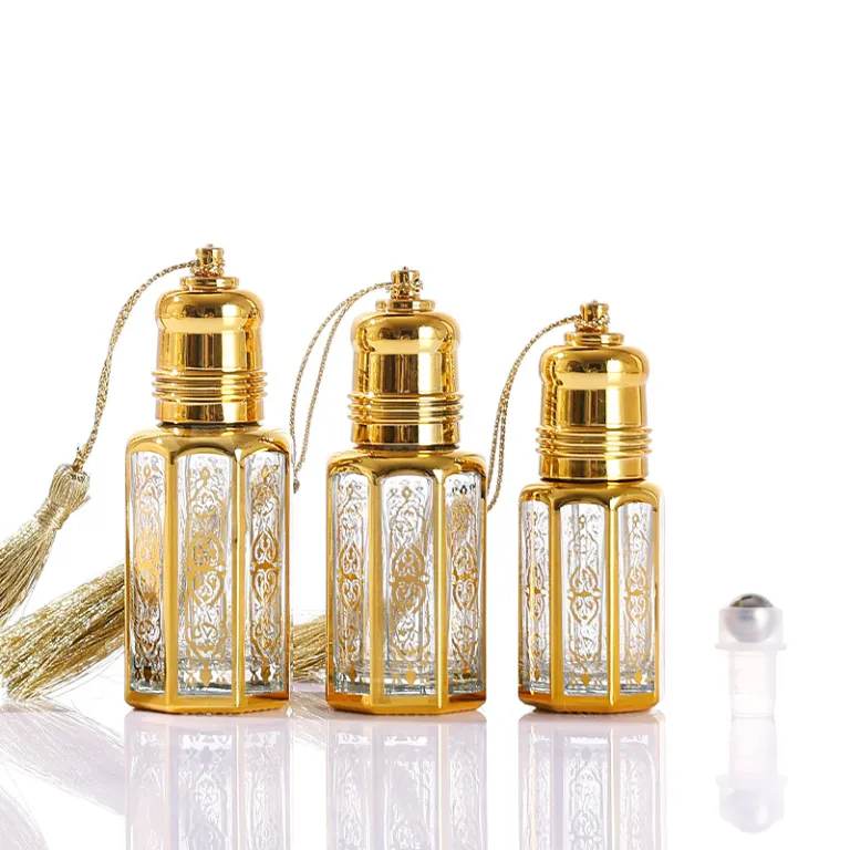 موجود در انبار، بطری رول‌آن روغن اسانس هشت‌ضلعی با مهر طلایی، بطری تقسیم عطر خاورمیانه‌ای، بطری شیشه‌ای نمونه کوچک، بطری رول‌آن ماساژ چشم