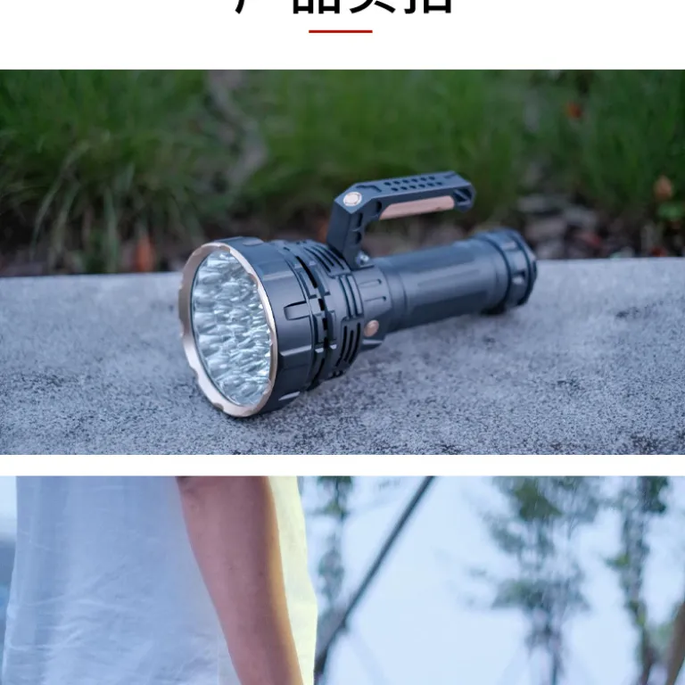 چراغ قوه LED کاری قابل حمل در فضای باز با روشنایی فوق‌العاده بالا، برد بلند، خنک‌کننده با فن، مناسب جستجو و نجات